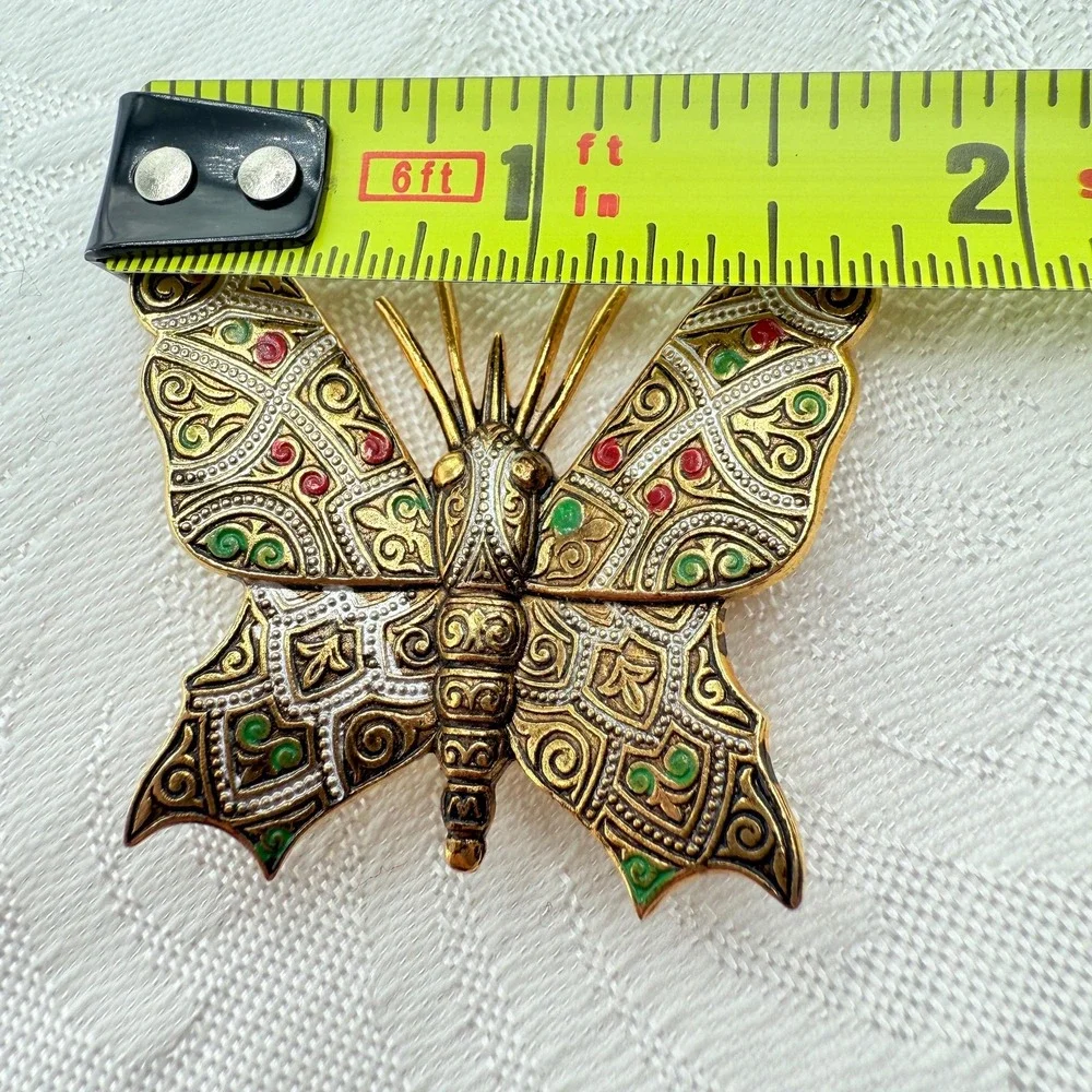 Vintage Gold Tone Damascene Style Butterfly Brooch Costume Pin | Made in Spain